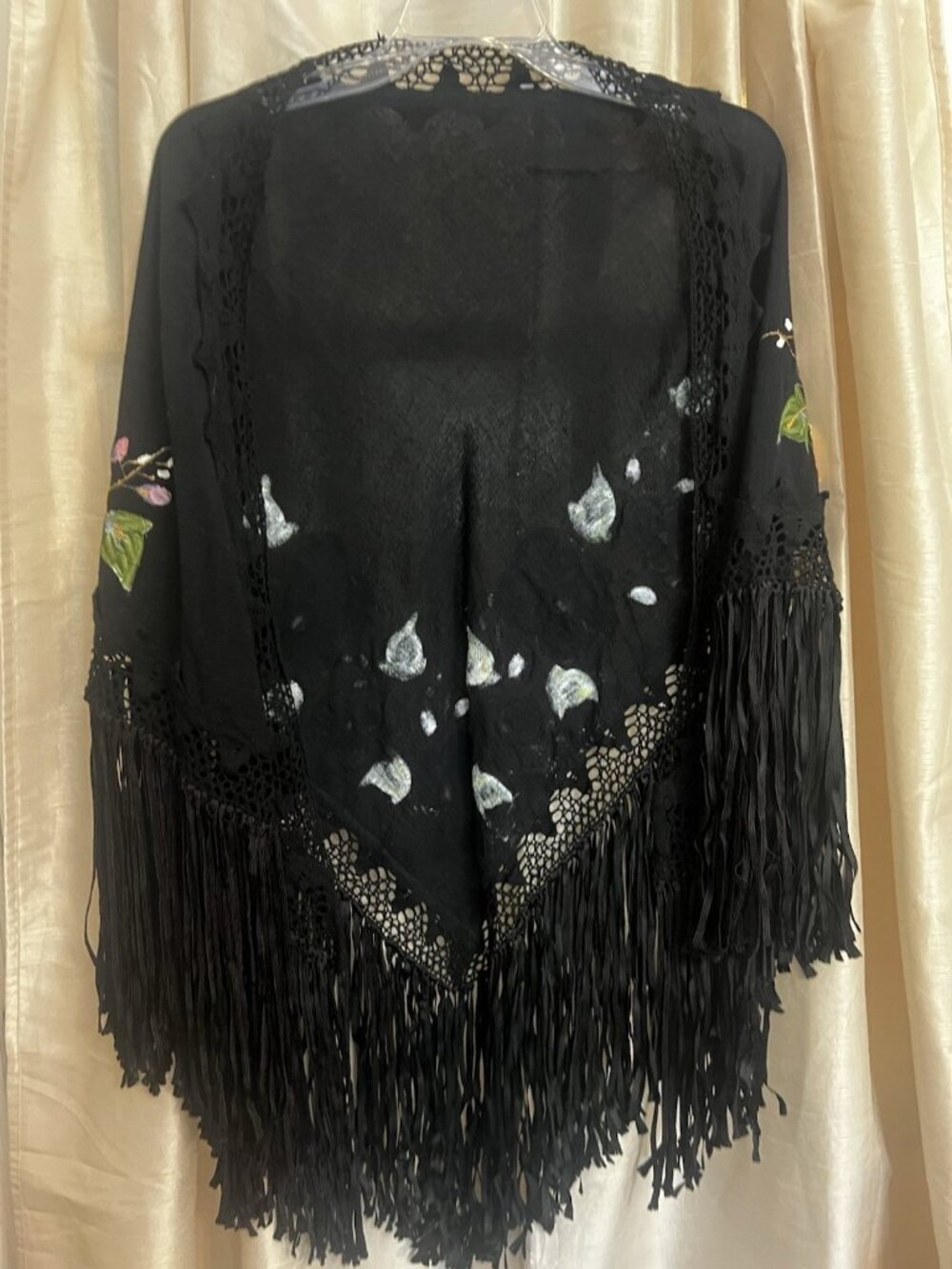 Ana Rosa Mexico Hand Painted Floral Cotton Fringe Wrap Shawl - Picture 3 of 7